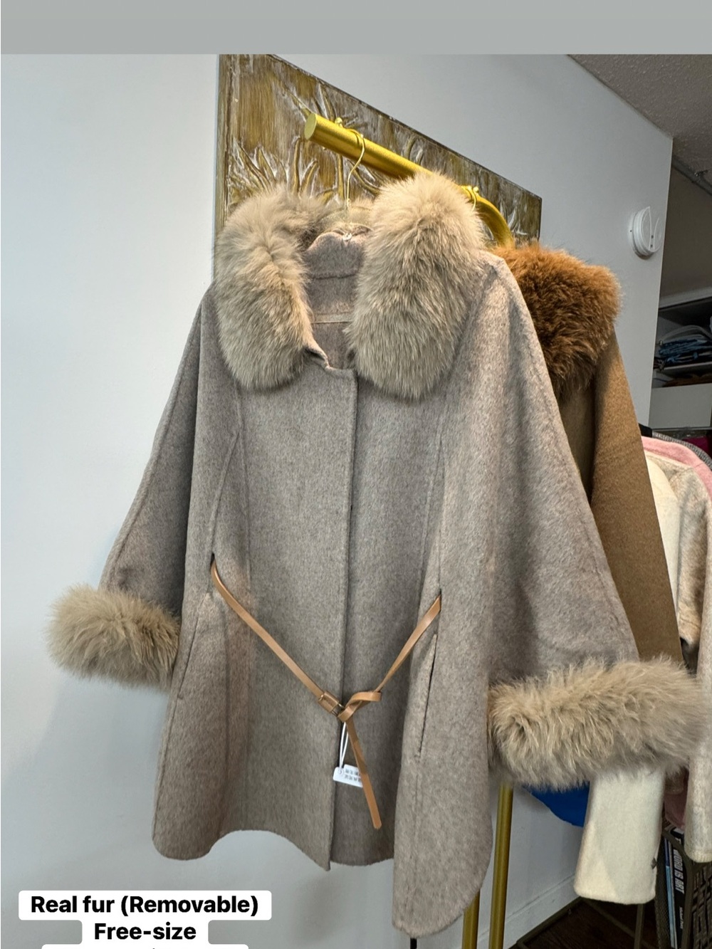 Beige Wool Cape with Removable Fur Trim